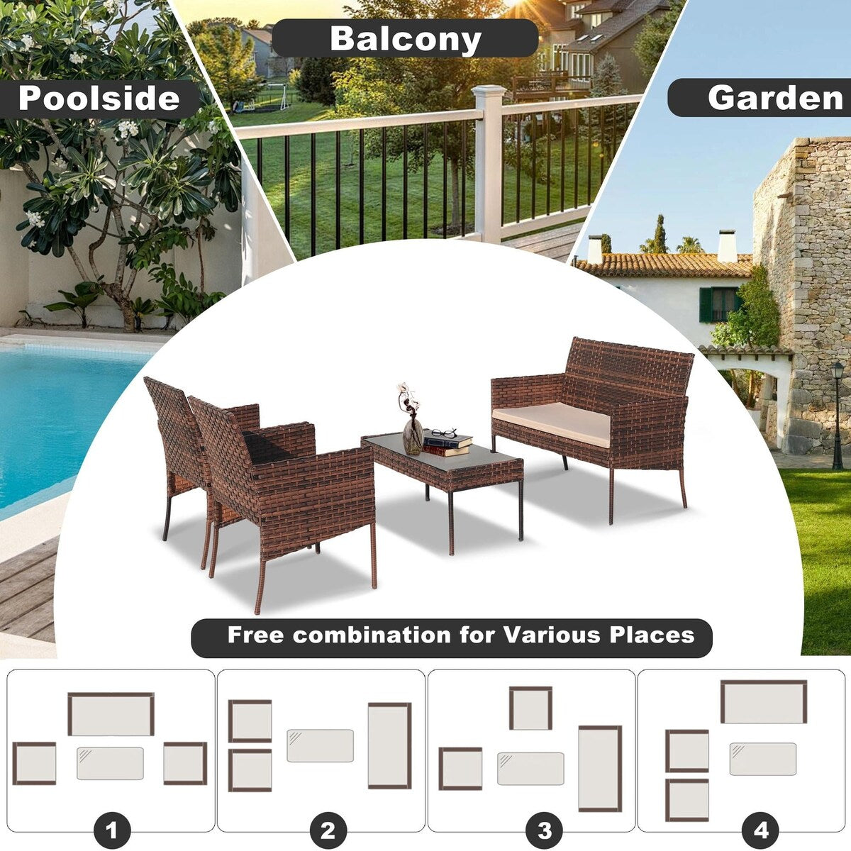 Set di mobili da esterno in vimini da 4 pezzi con tavolo, divanetto e 2 sedie