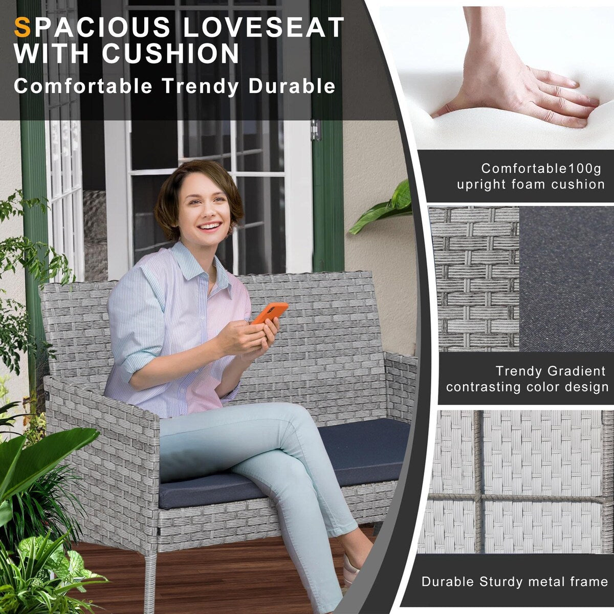 Set di mobili da esterno in vimini da 4 pezzi con tavolo, divanetto e 2 sedie