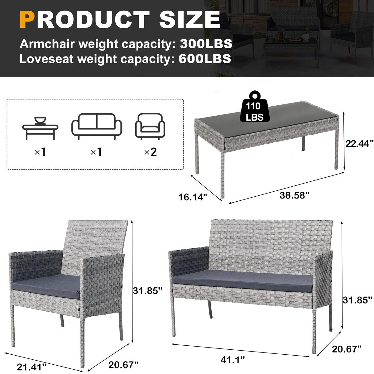 Set di mobili da esterno in vimini da 4 pezzi con tavolo, divanetto e 2 sedie
