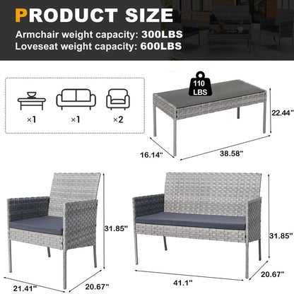Set di mobili da esterno in vimini da 4 pezzi con tavolo, divanetto e 2 sedie