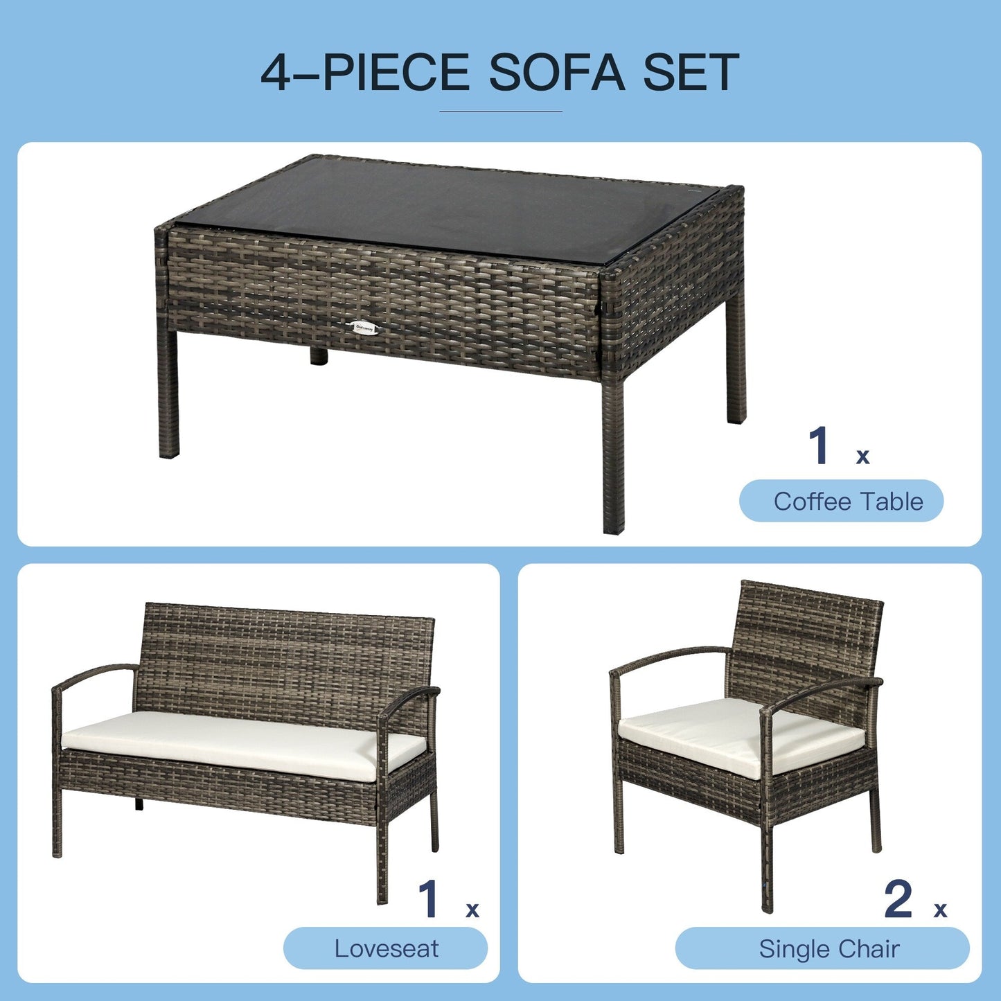 Set da conversazione per patio in rattan e vimini da esterno, 4 pezzi