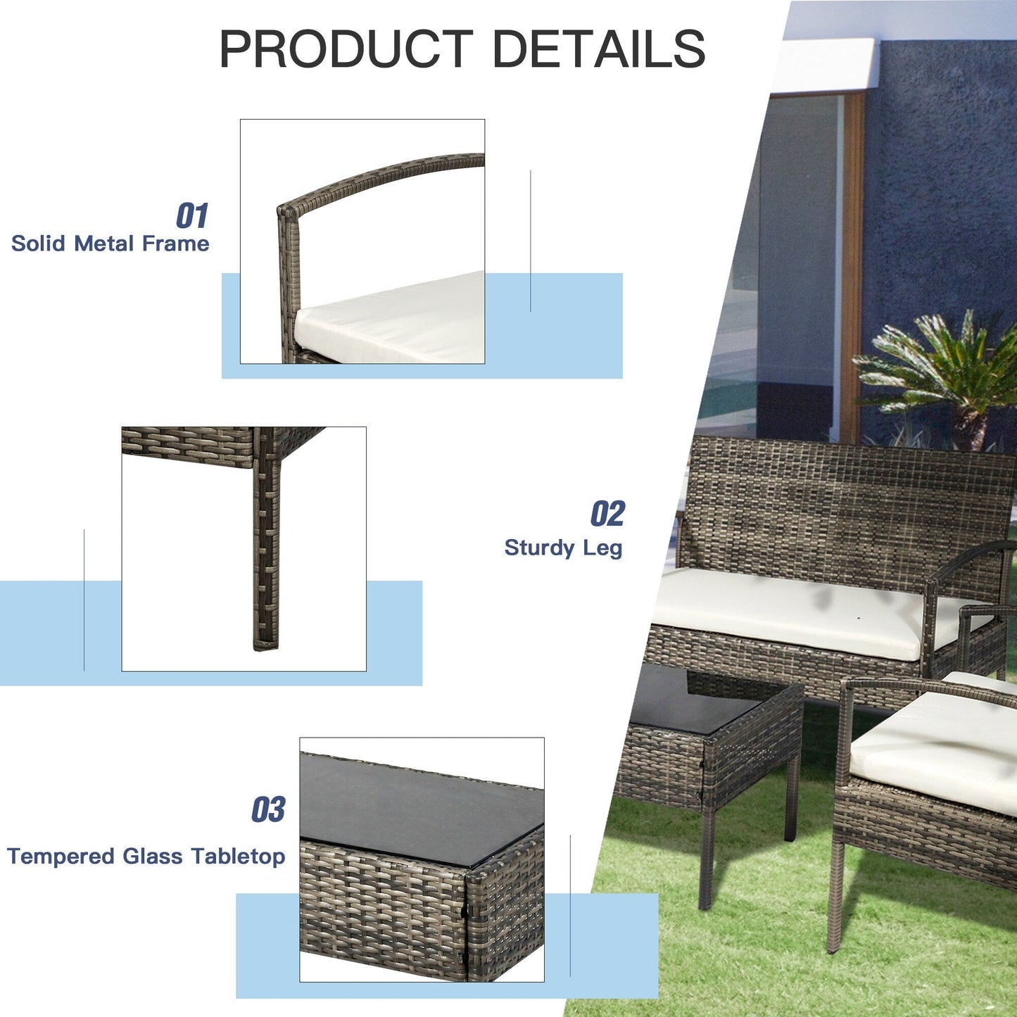 Set da conversazione per patio in rattan e vimini da esterno, 4 pezzi