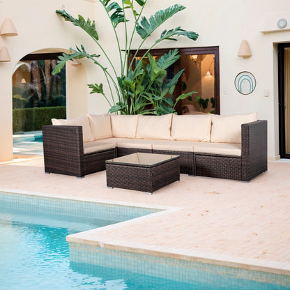 Set da conversazione per patio da 4 pezzi, set di mobili da giardino con cuscini spessi, divano componibile per esterni, divano in vimini per esterni con tavolino da caffè