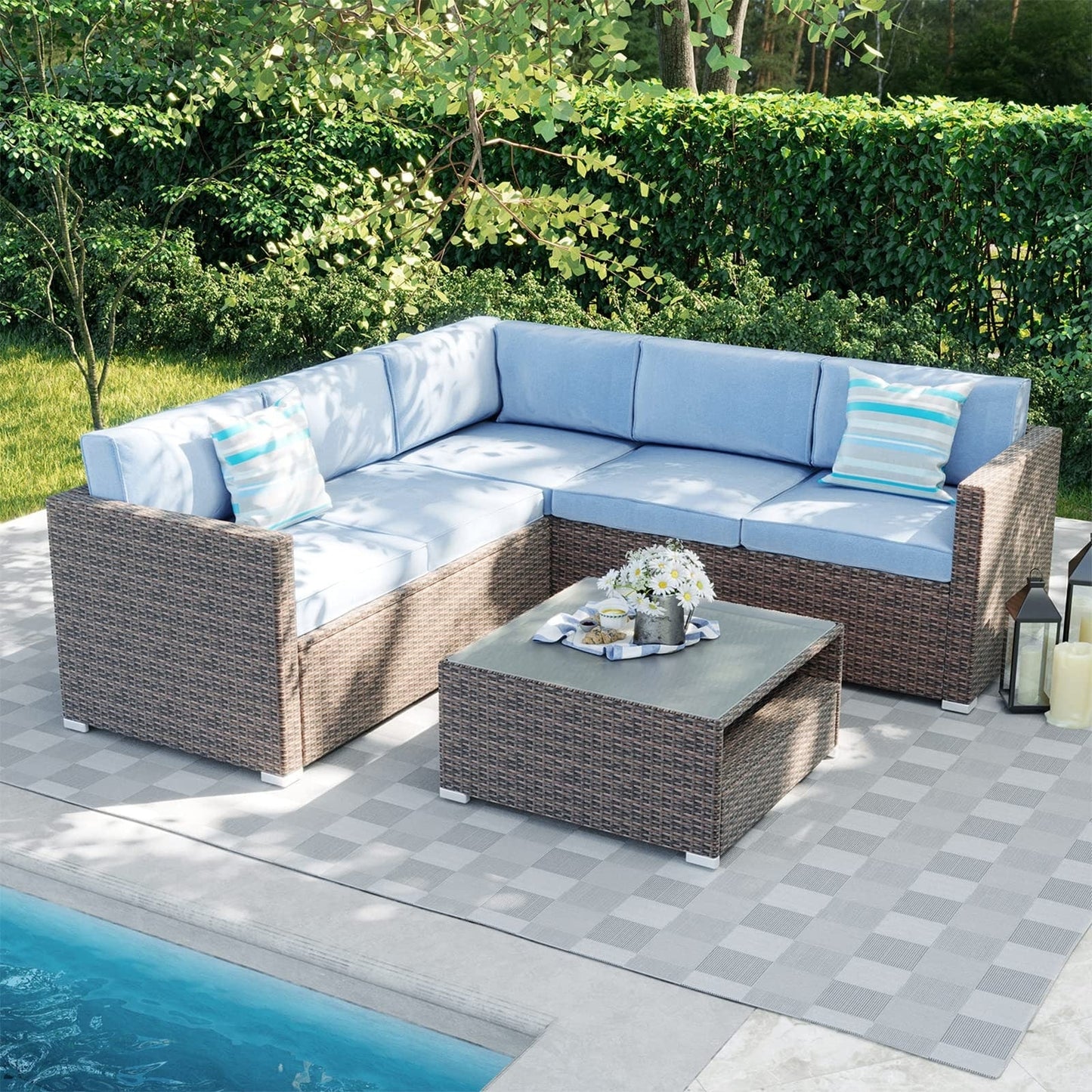 Set da conversazione per patio da 4 pezzi, set di mobili da giardino con cuscini spessi, divano componibile per esterni, divano in vimini per esterni con tavolino da caffè