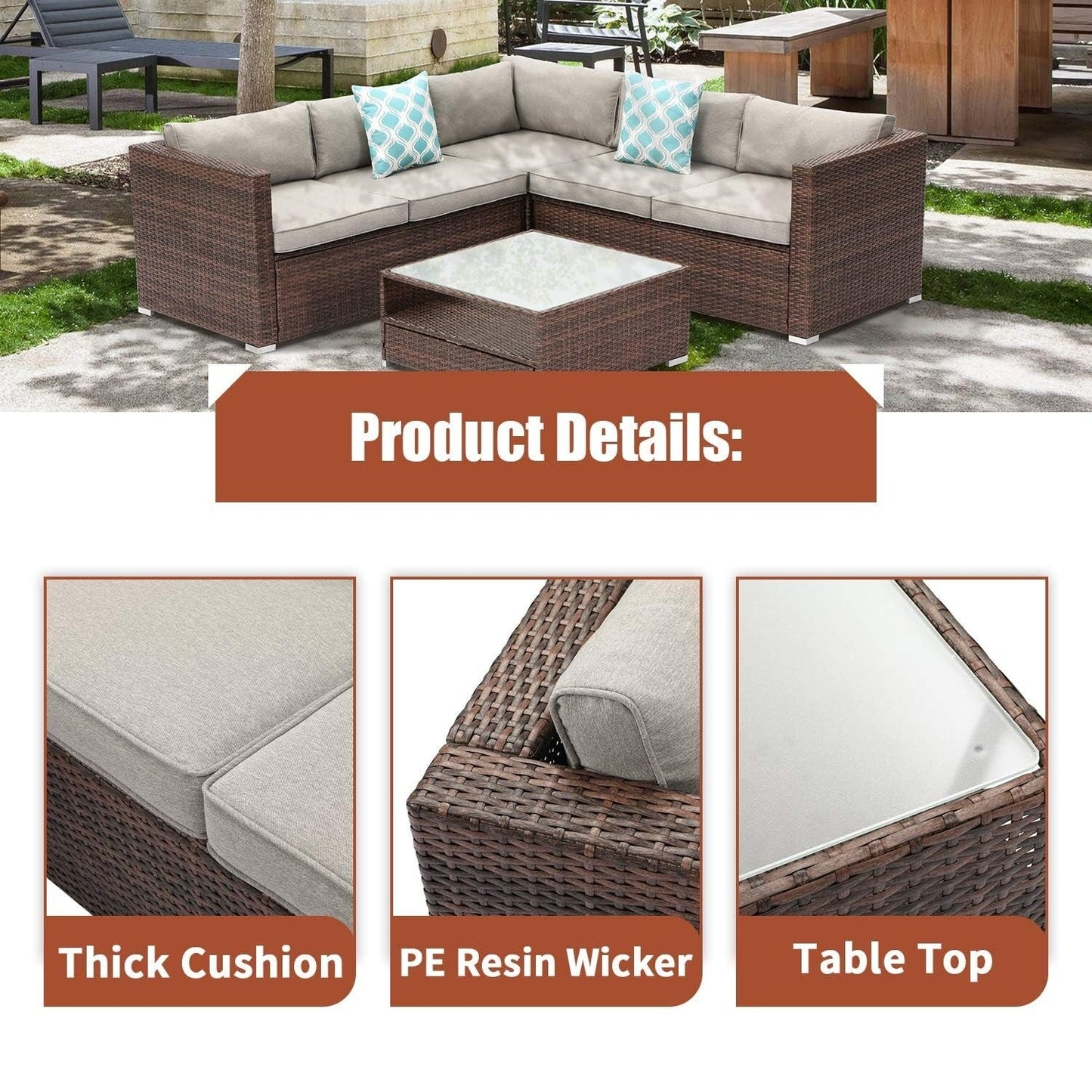 Set da conversazione per patio da 4 pezzi, set di mobili da giardino con cuscini spessi, divano componibile per esterni, divano in vimini per esterni con tavolino da caffè