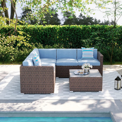 Set da conversazione per patio da 4 pezzi, set di mobili da giardino con cuscini spessi, divano componibile per esterni, divano in vimini per esterni con tavolino da caffè