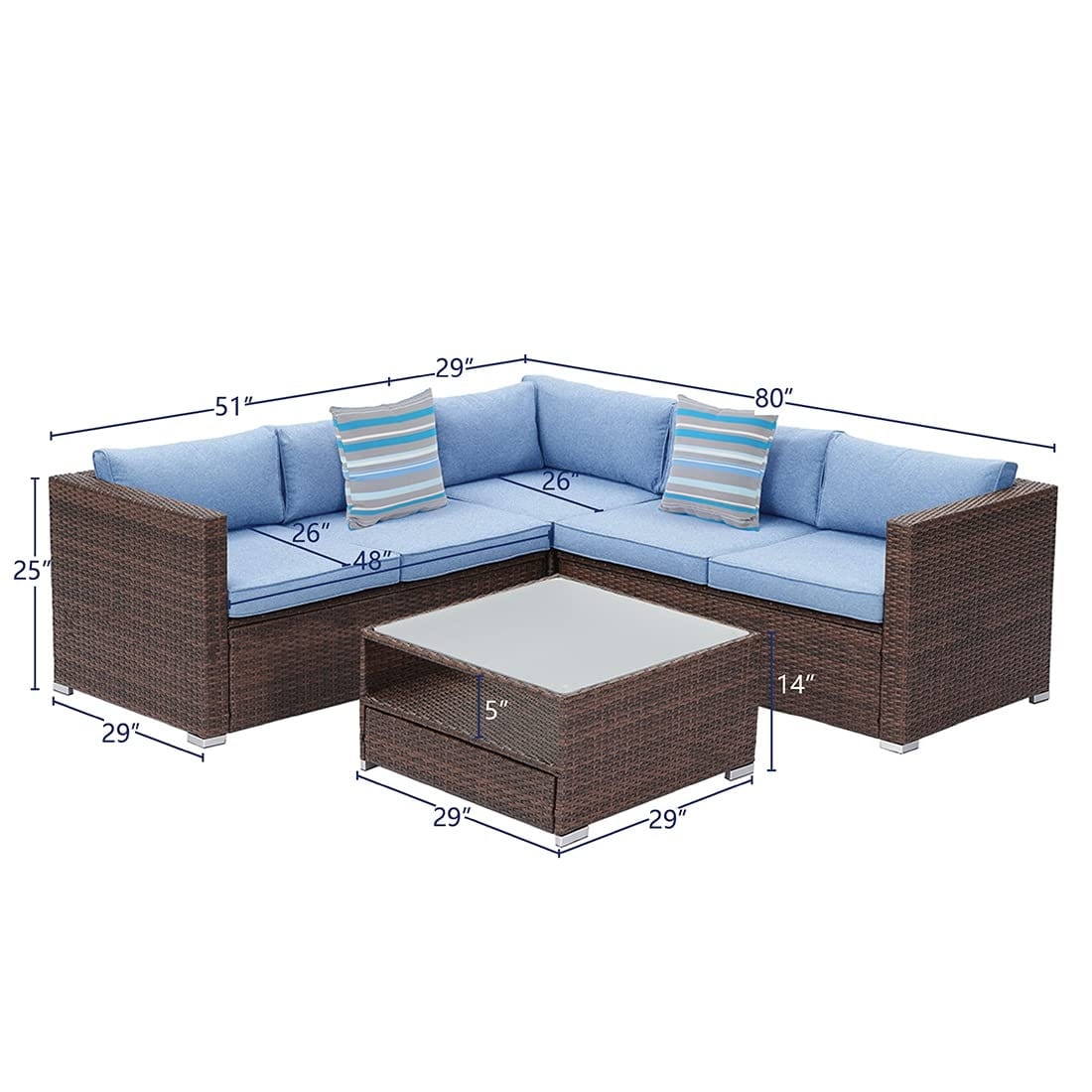 Set da conversazione per patio da 4 pezzi, set di mobili da giardino con cuscini spessi, divano componibile per esterni, divano in vimini per esterni con tavolino da caffè