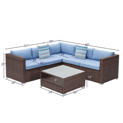 Set da conversazione per patio da 4 pezzi, set di mobili da giardino con cuscini spessi, divano componibile per esterni, divano in vimini per esterni con tavolino da caffè