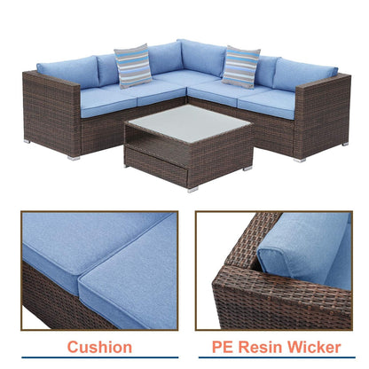 Set da conversazione per patio da 4 pezzi, set di mobili da giardino con cuscini spessi, divano componibile per esterni, divano in vimini per esterni con tavolino da caffè