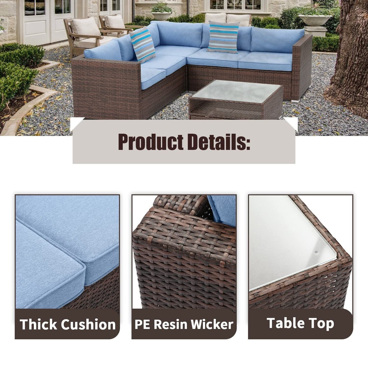 Set da conversazione per patio da 4 pezzi, set di mobili da giardino con cuscini spessi, divano componibile per esterni, divano in vimini per esterni con tavolino da caffè