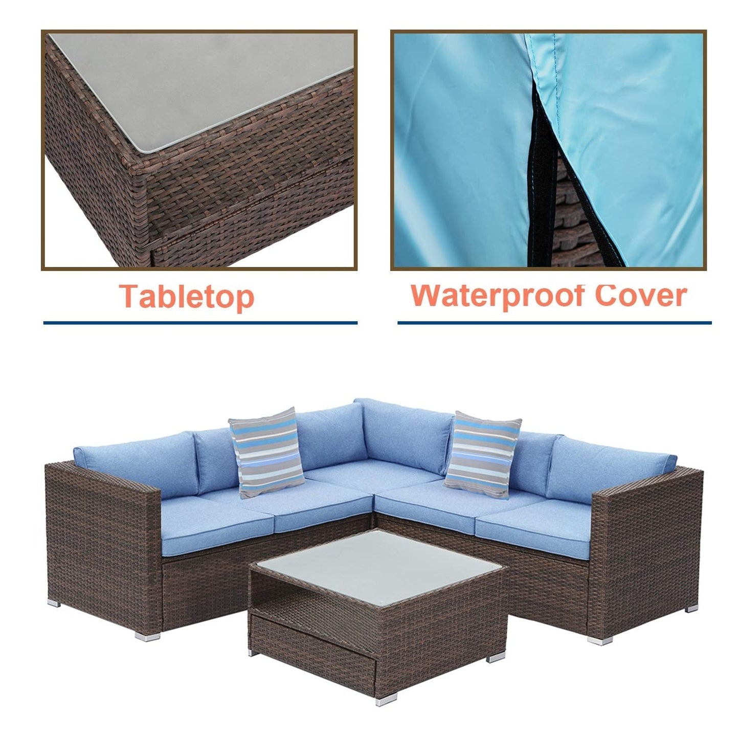 Set da conversazione per patio da 4 pezzi, set di mobili da giardino con cuscini spessi, divano componibile per esterni, divano in vimini per esterni con tavolino da caffè