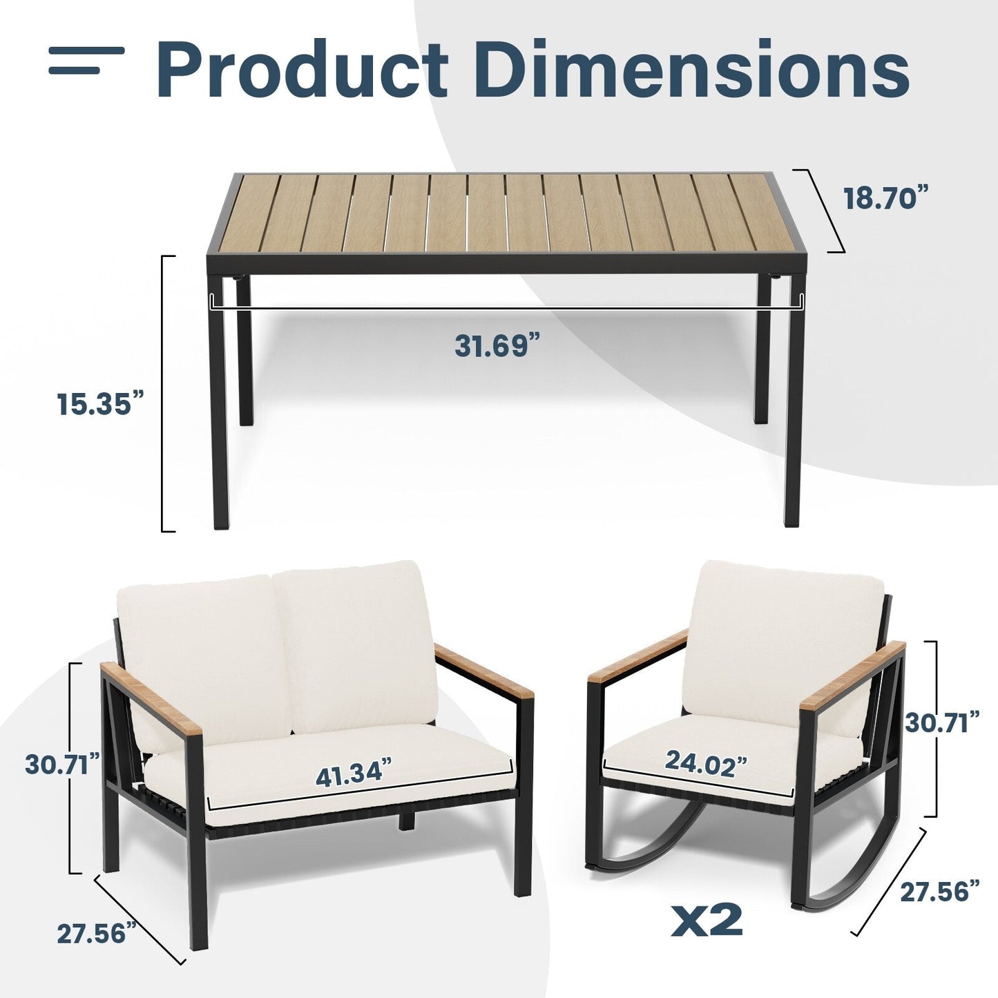 Set da conversazione per patio da 4 pezzi con cuscini e sedie a dondolo