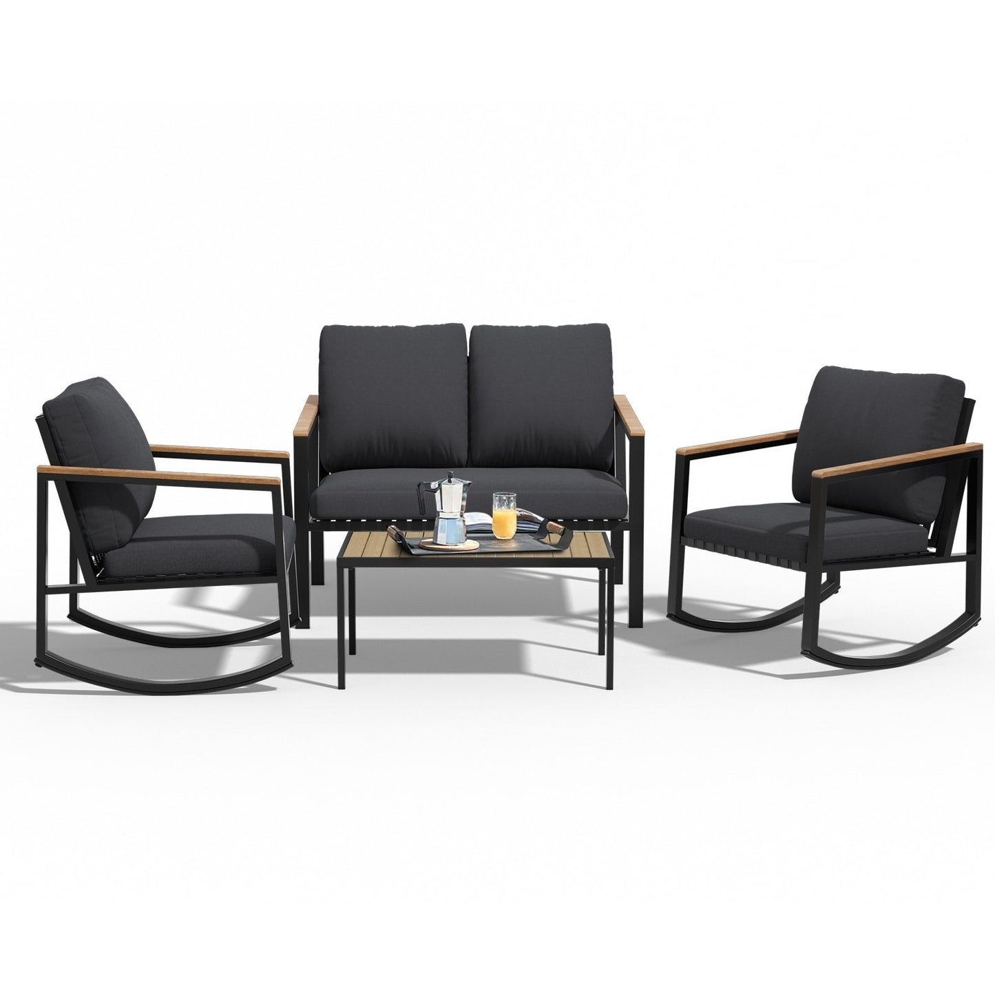 Set da conversazione per patio da 4 pezzi con cuscini e sedie a dondolo