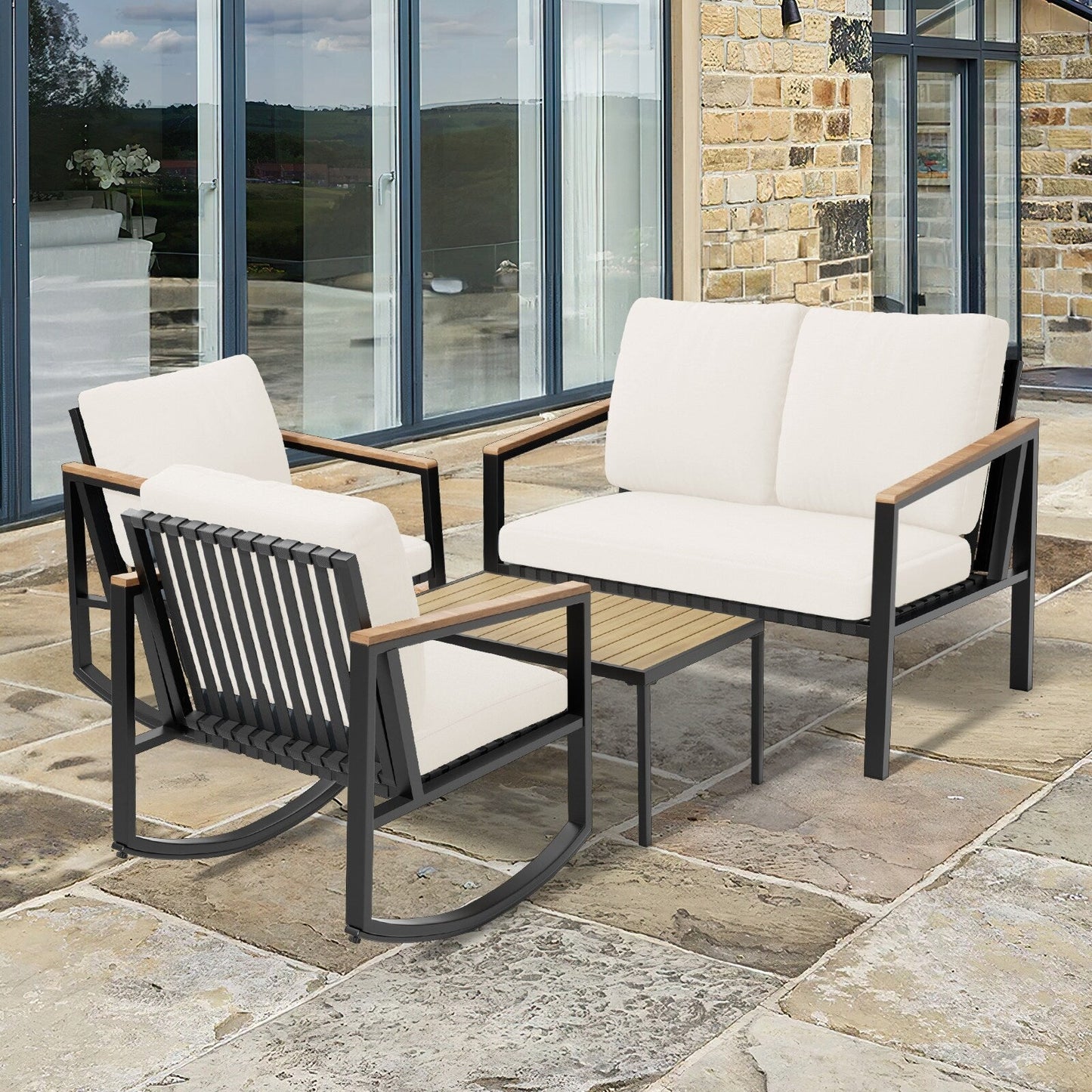 Set da conversazione per patio da 4 pezzi con cuscini e sedie a dondolo