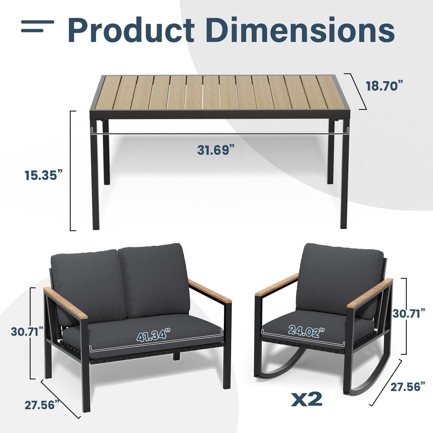 Set da conversazione per patio da 4 pezzi con cuscini e sedie a dondolo