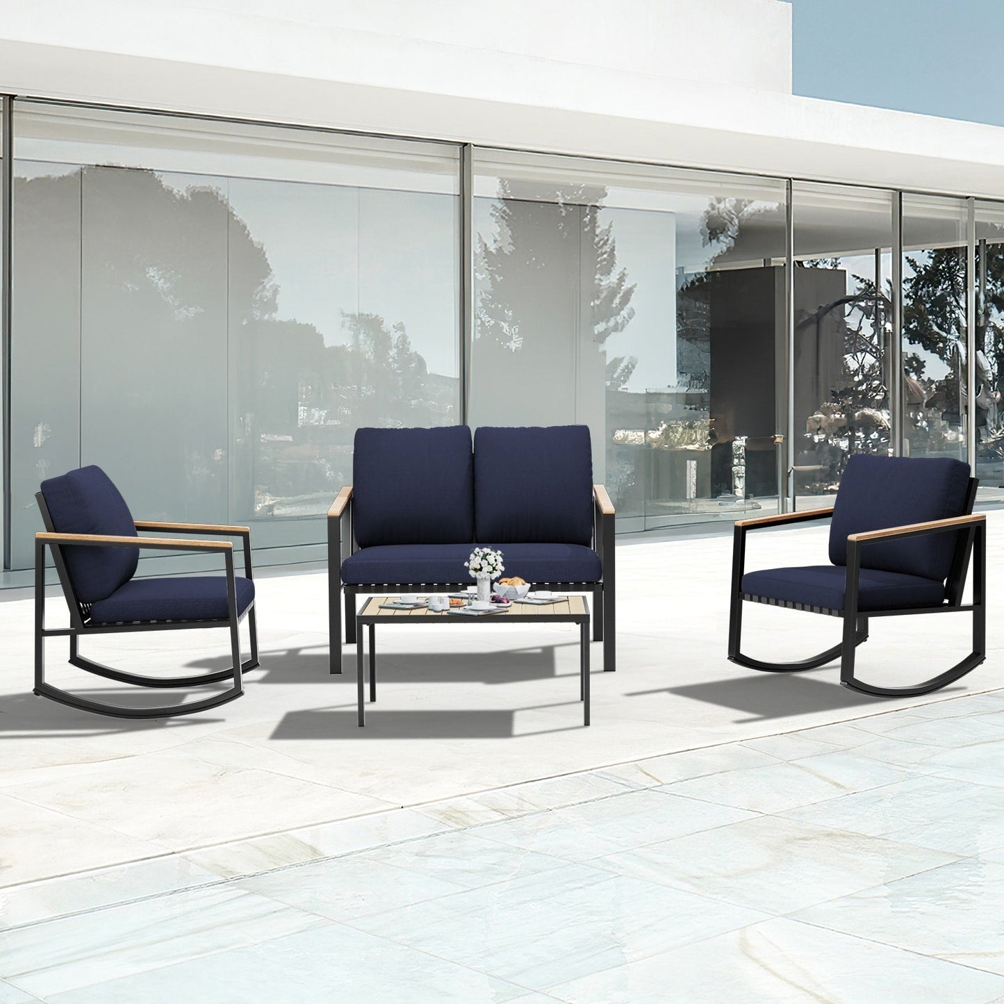 Set da conversazione per patio da 4 pezzi con cuscini e sedie a dondolo