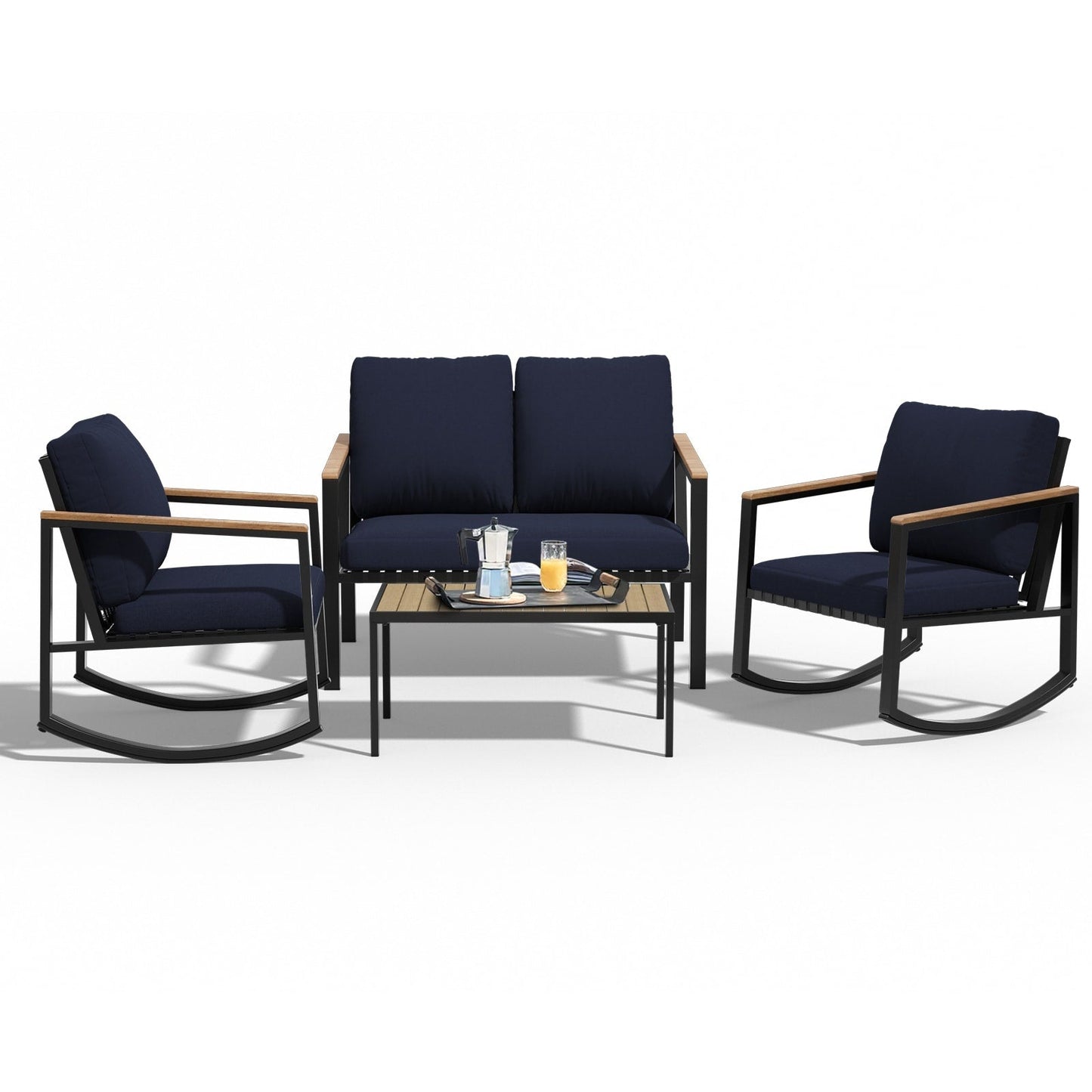 Set da conversazione per patio da 4 pezzi con cuscini e sedie a dondolo