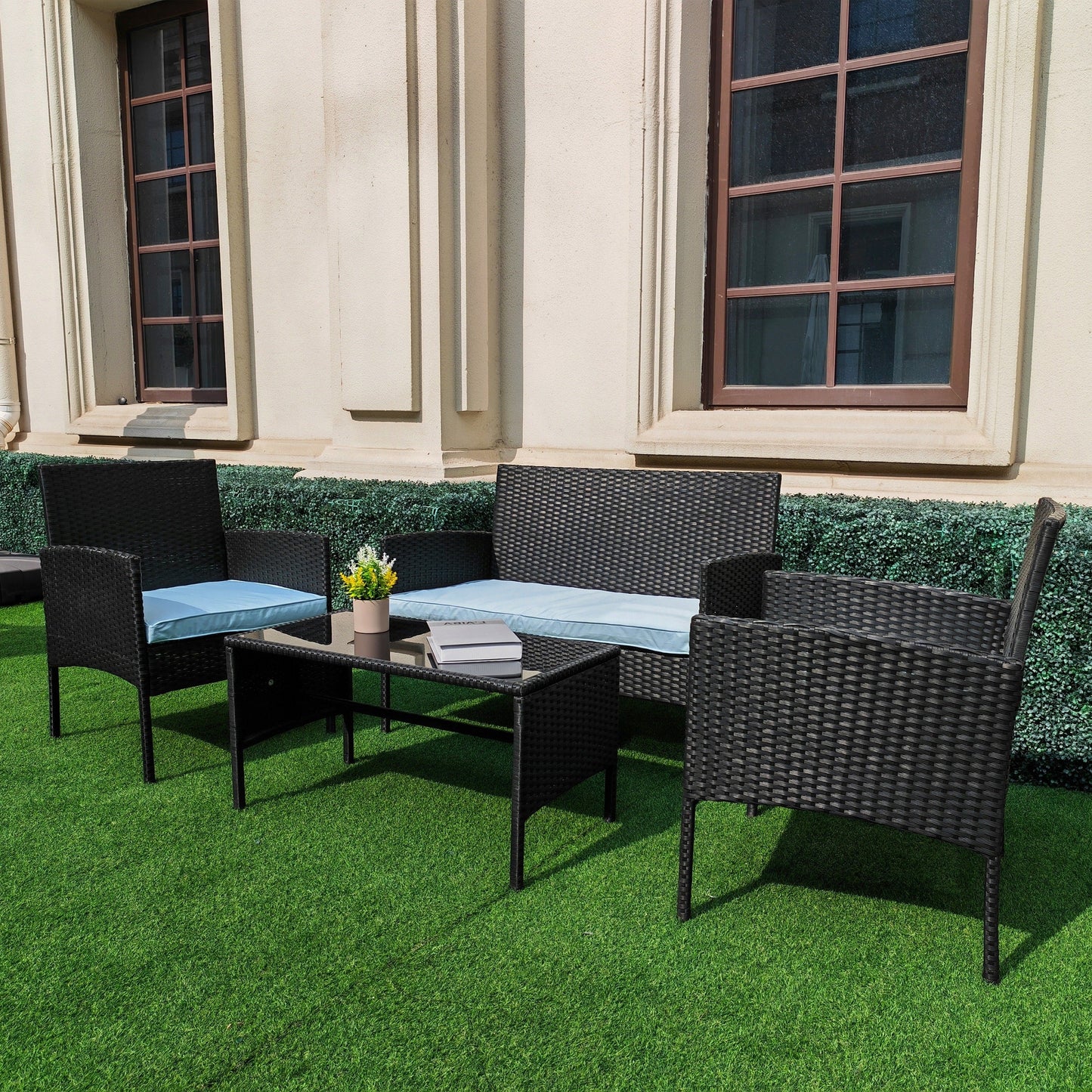 Set di 4 mobili da giardino in vimini per conversazioni, set di mobili da esterno in rattan con cuscini per giardino