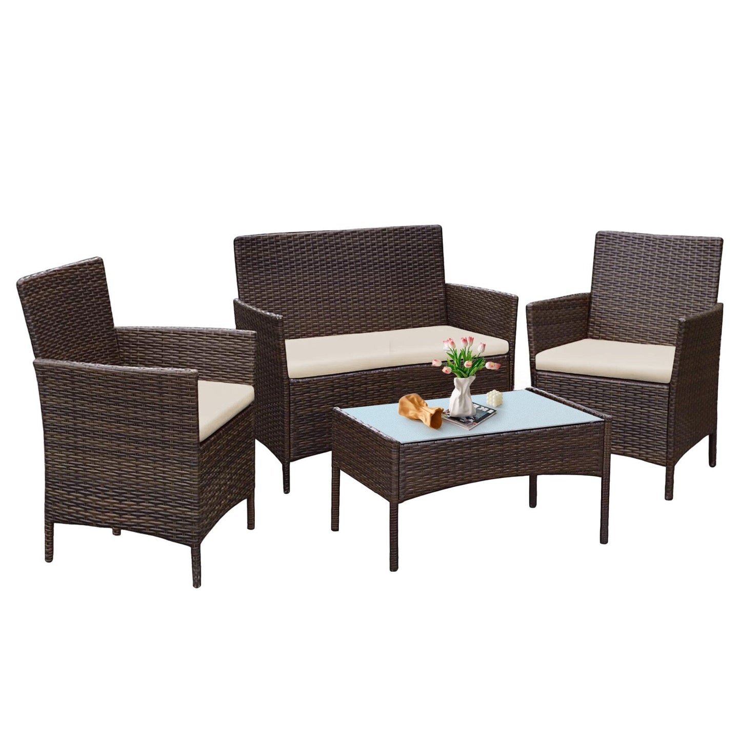 Set di mobili da esterno da 4 pezzi con cuscini, set da conversazione in vimini e tavolino da caffè in vetro