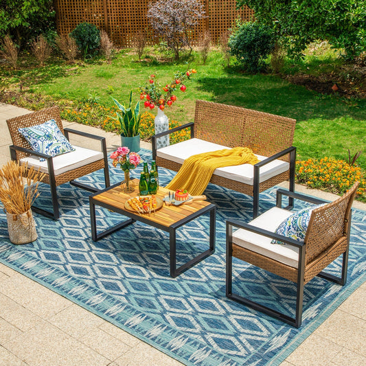 Set da bistrot per esterni in vimini e mobili da giardino da 4 pezzi, set da conversazione in rattan resistente alle intemperie con morbidi cuscini di Havenside Home