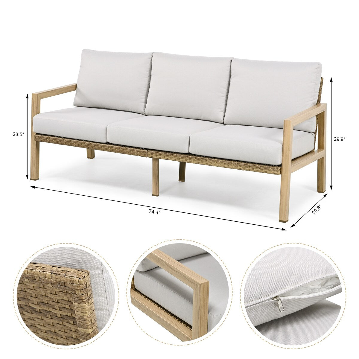 Set da conversazione per patio in alluminio effetto legno da 4 pezzi con schienale e cuscini in rattan