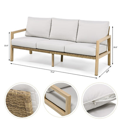 Set da conversazione per patio in alluminio effetto legno da 4 pezzi con schienale e cuscini in rattan