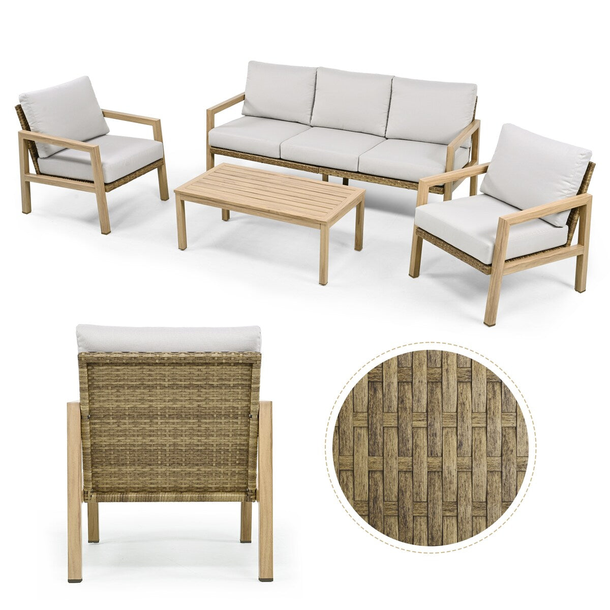 Set da conversazione per patio in alluminio effetto legno da 4 pezzi con schienale e cuscini in rattan