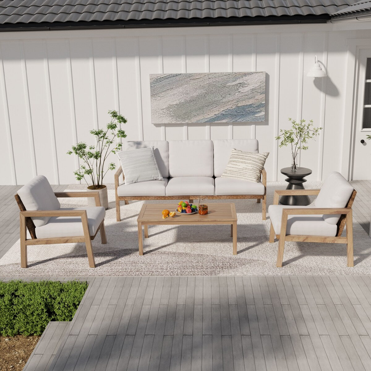 Set da conversazione per patio in alluminio effetto legno da 4 pezzi con schienale e cuscini in rattan