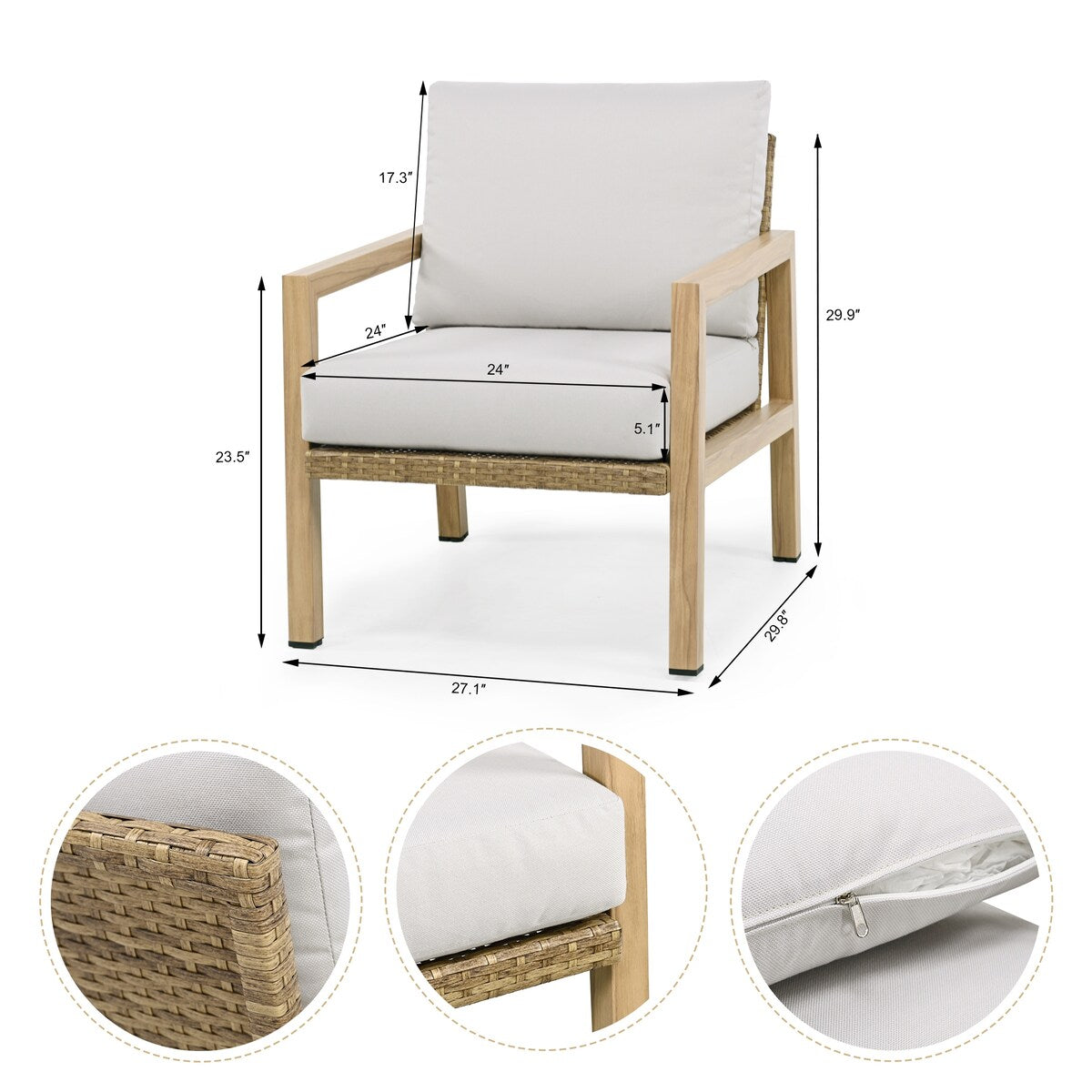 Set da conversazione per patio in alluminio effetto legno da 4 pezzi con schienale e cuscini in rattan