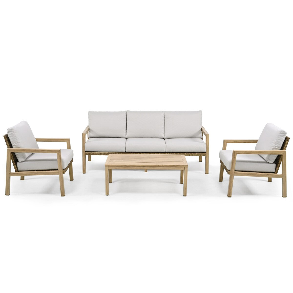 Set da conversazione per patio in alluminio effetto legno da 4 pezzi con schienale e cuscini in rattan