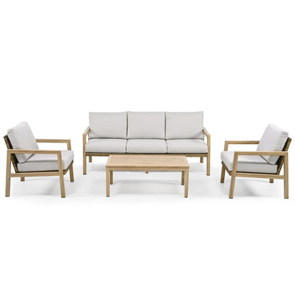 Set da conversazione per patio in alluminio effetto legno da 4 pezzi con schienale e cuscini in rattan