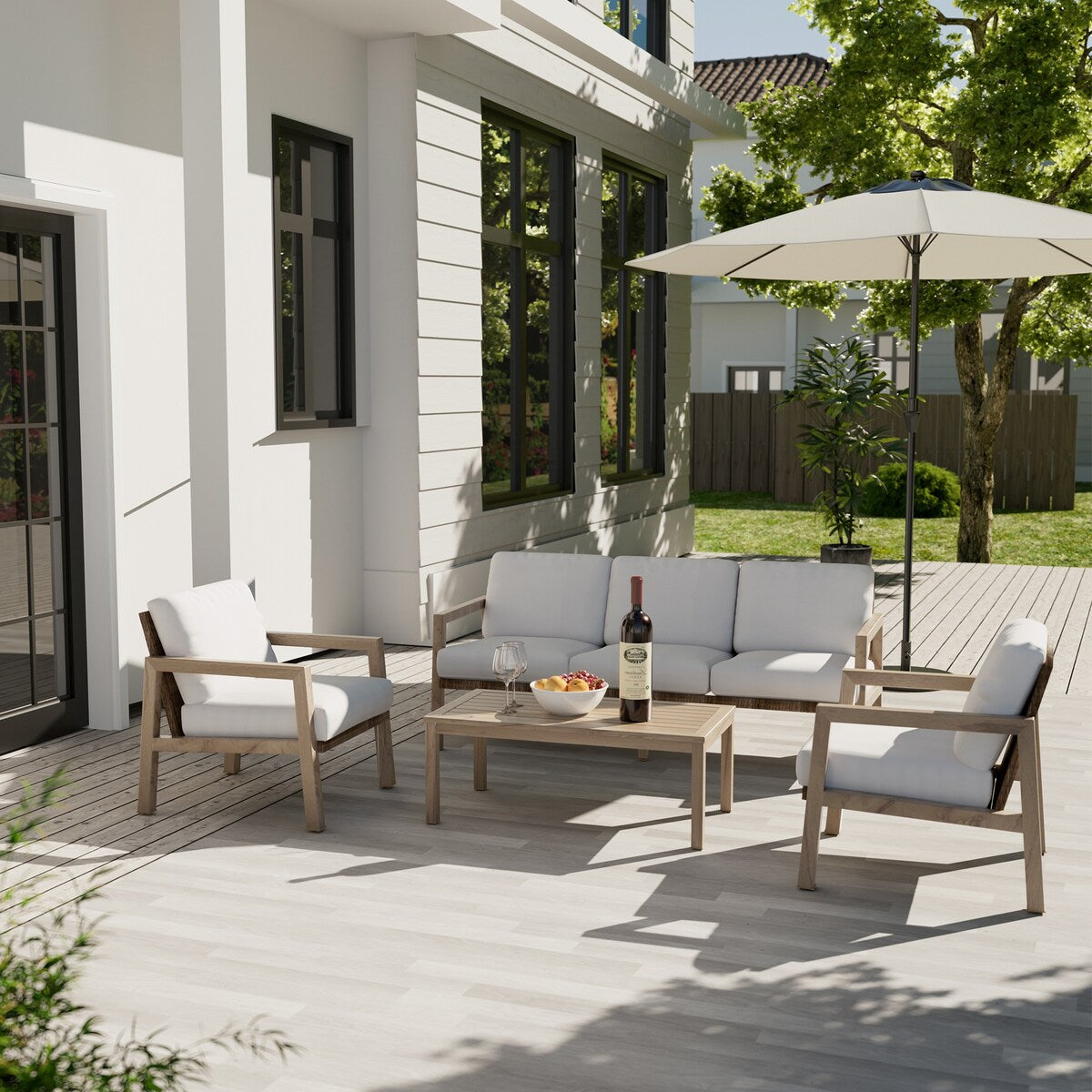 Set da conversazione per patio in alluminio effetto legno da 4 pezzi con schienale e cuscini in rattan