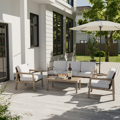 Set da conversazione per patio in alluminio effetto legno da 4 pezzi con schienale e cuscini in rattan