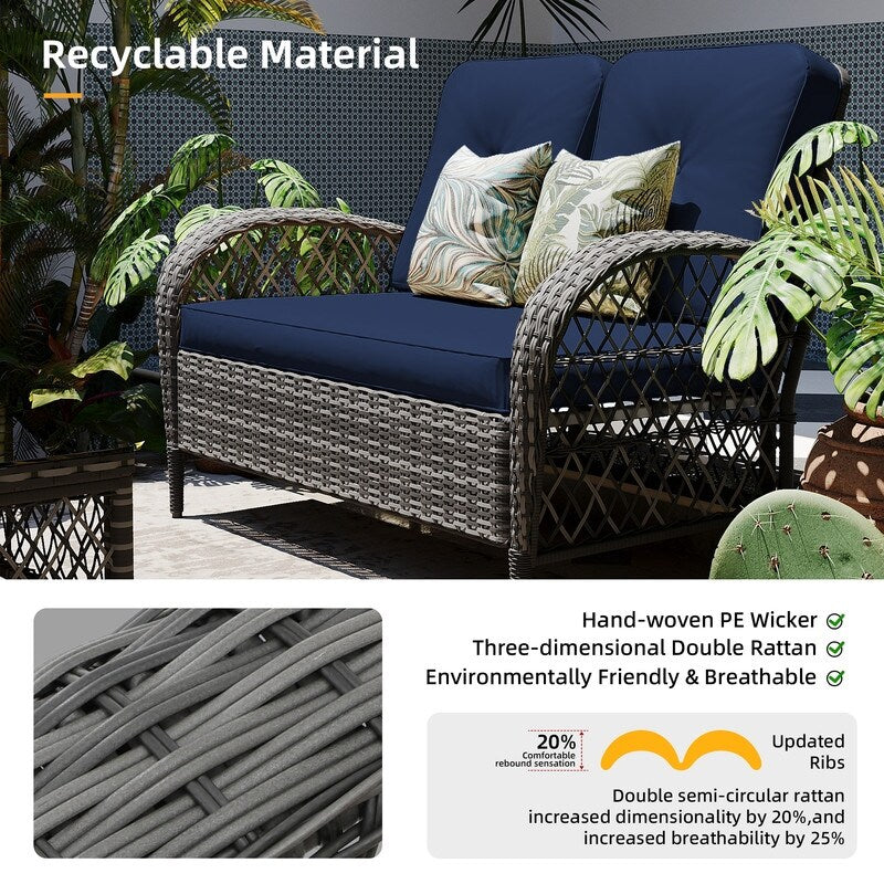 Patio Watcher - Set di 4 sedie da conversazione in vimini grigio per patio con cuscini e tavolino