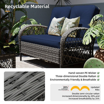 Patio Watcher - Set di 4 sedie da conversazione in vimini grigio per patio con cuscini e tavolino