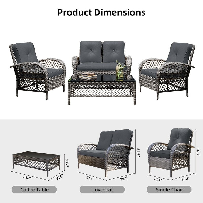 Patio Watcher - Set di 4 sedie da conversazione in vimini grigio per patio con cuscini e tavolino