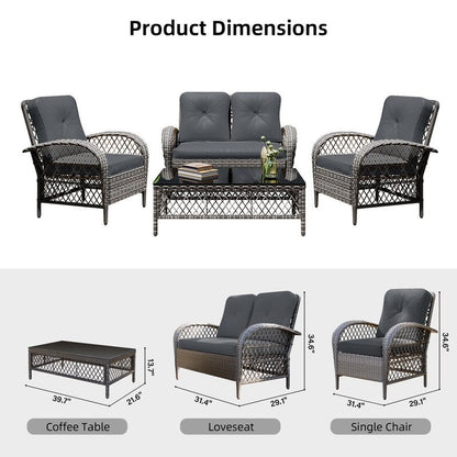 Patio Watcher - Set di 4 sedie da conversazione in vimini grigio per patio con cuscini e tavolino