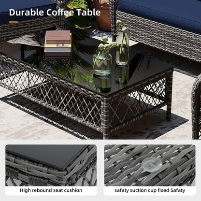 Patio Watcher - Set di 4 sedie da conversazione in vimini grigio per patio con cuscini e tavolino