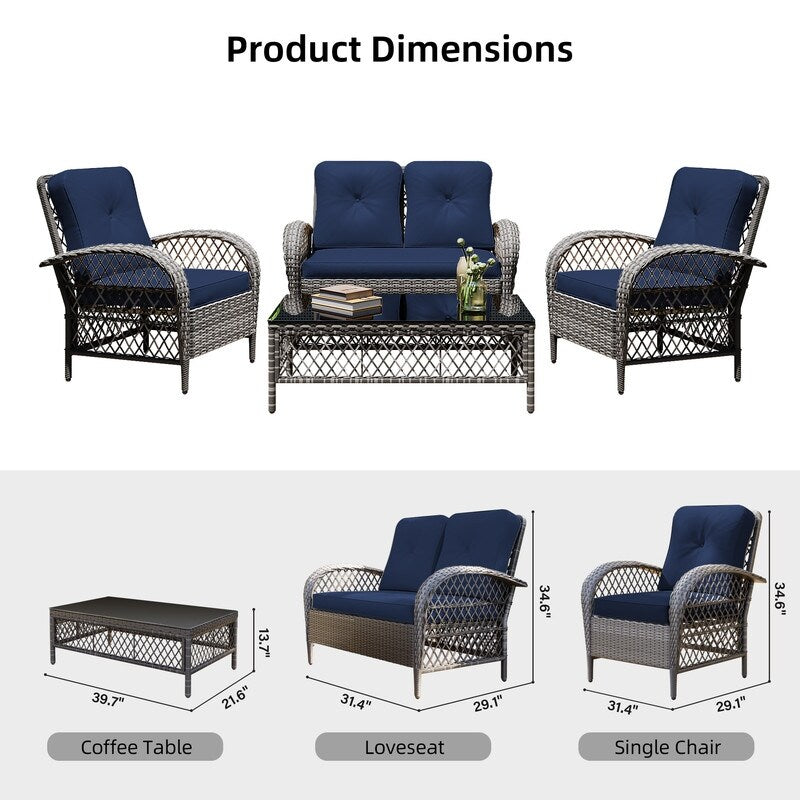 Patio Watcher - Set di 4 sedie da conversazione in vimini grigio per patio con cuscini e tavolino