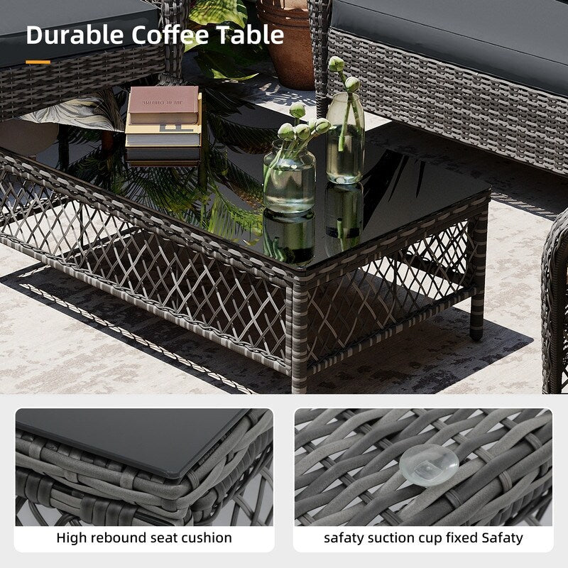 Patio Watcher - Set di 4 sedie da conversazione in vimini grigio per patio con cuscini e tavolino