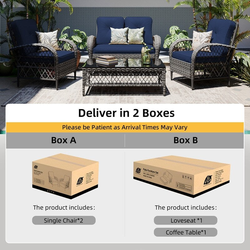 Patio Watcher - Set di 4 sedie da conversazione in vimini grigio per patio con cuscini e tavolino