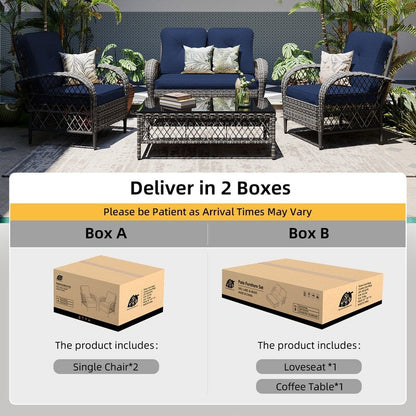 Patio Watcher - Set di 4 sedie da conversazione in vimini grigio per patio con cuscini e tavolino