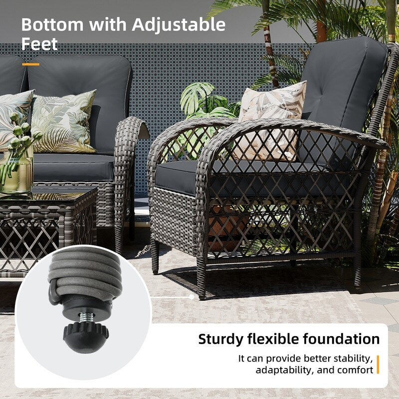 Patio Watcher - Set di 4 sedie da conversazione in vimini grigio per patio con cuscini e tavolino