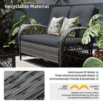 Patio Watcher - Set di 4 sedie da conversazione in vimini grigio per patio con cuscini e tavolino