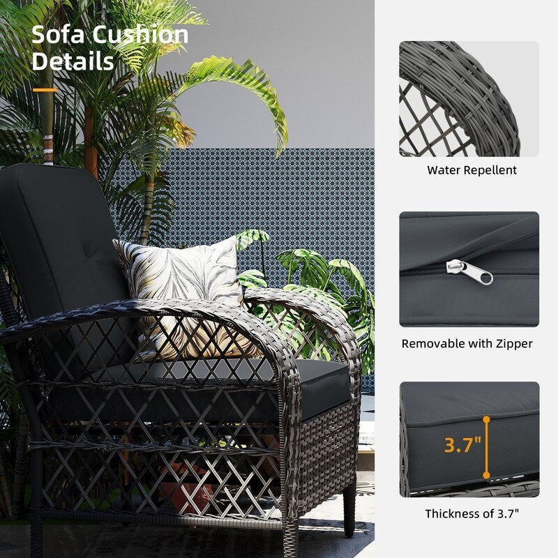 Patio Watcher - Set di 4 sedie da conversazione in vimini grigio per patio con cuscini e tavolino