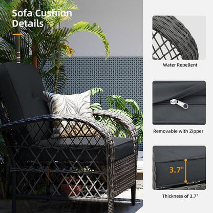 Patio Watcher - Set di 4 sedie da conversazione in vimini grigio per patio con cuscini e tavolino