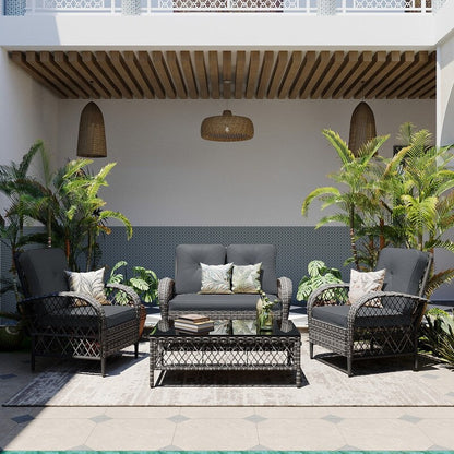 Patio Watcher - Set di 4 sedie da conversazione in vimini grigio per patio con cuscini e tavolino
