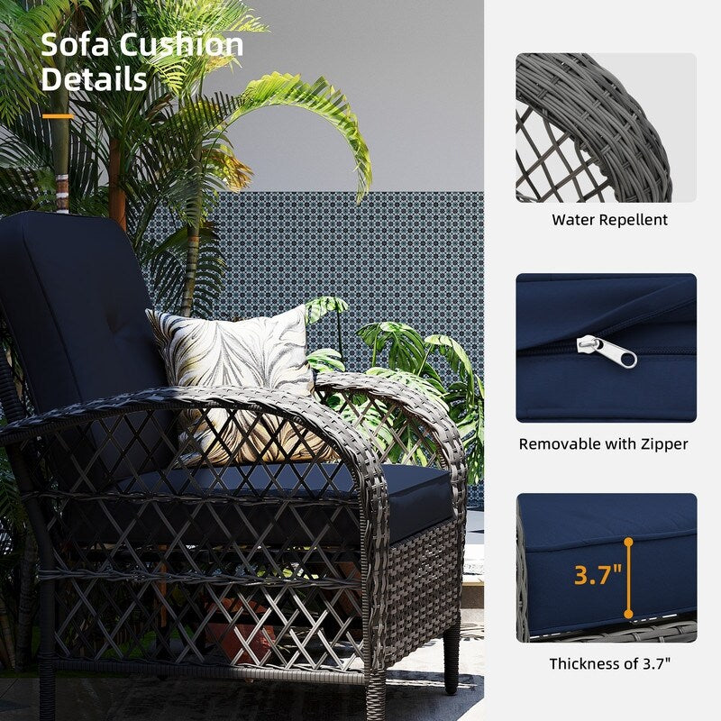 Patio Watcher - Set di 4 sedie da conversazione in vimini grigio per patio con cuscini e tavolino