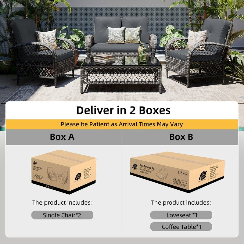 Patio Watcher - Set di 4 sedie da conversazione in vimini grigio per patio con cuscini e tavolino