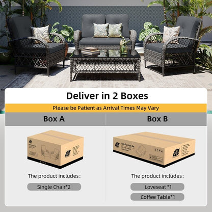 Patio Watcher - Set di 4 sedie da conversazione in vimini grigio per patio con cuscini e tavolino